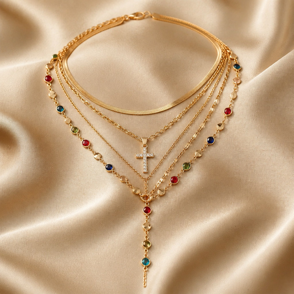 White gold necklace and earrings set with multicolored gemstones