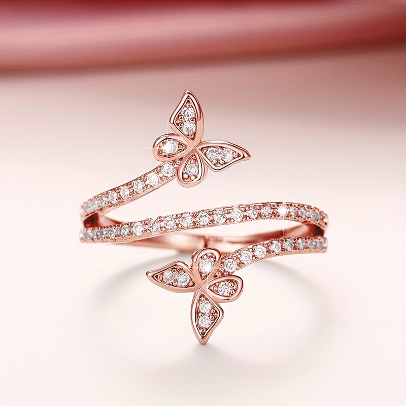 Ring with Butterflies and Set Zircon Stones in White Gold