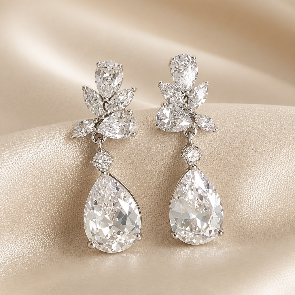 Drop earrings with flowers in white gold