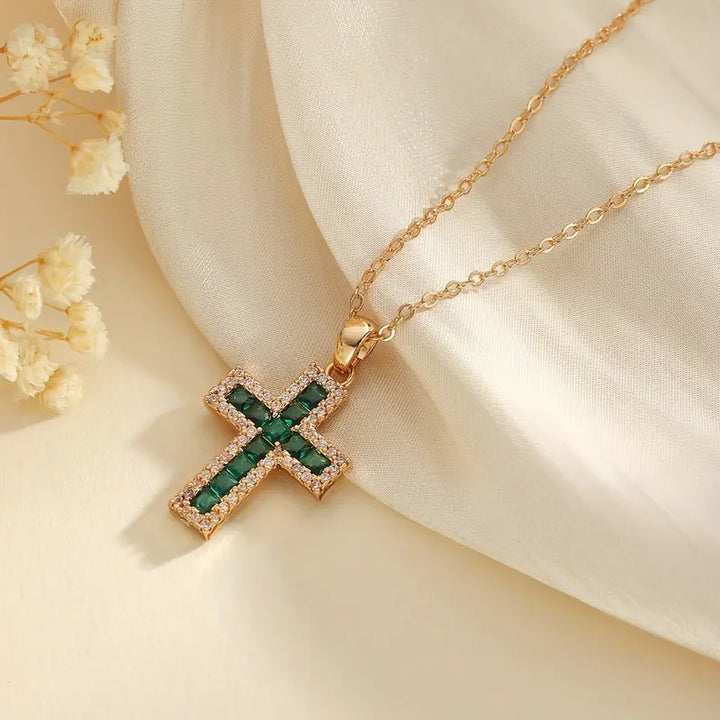 Gold-Coloured Necklace with Green Sacred Stone Cross