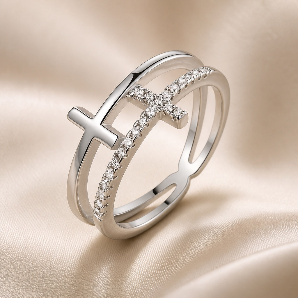 Double-Layer White Gold Ring with Zirconia Cross