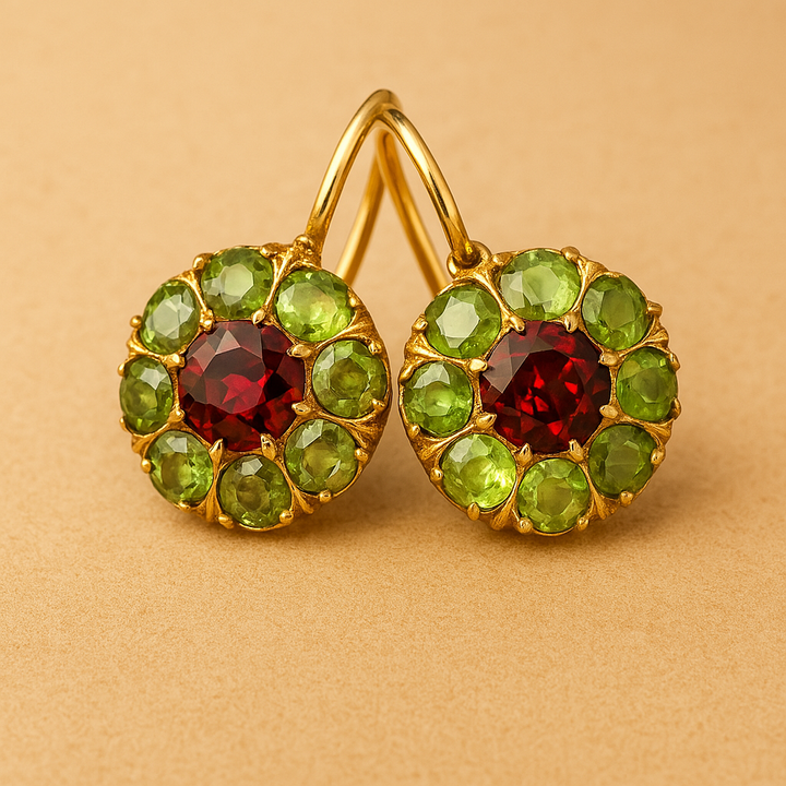 Vintage Rounded Green & Red Crystal Earrings