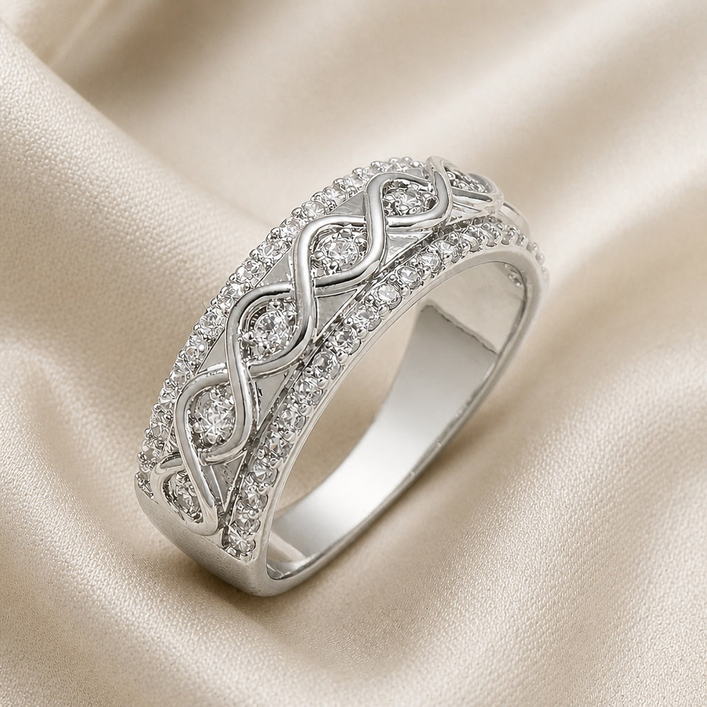 White gold ring with a double row of cubic zirconia gemstones