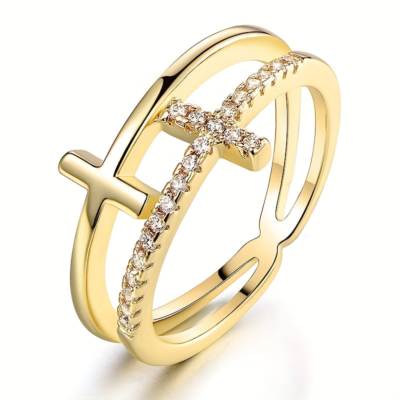Double-Layer White Gold Ring with Zirconia Cross