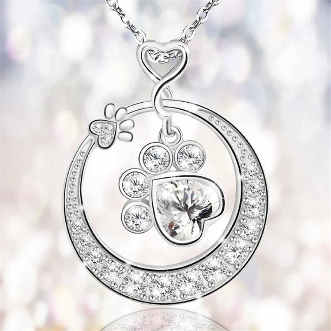 Cute Paw Print Necklace in 925 Sterling Silver with Cubic Zirconia