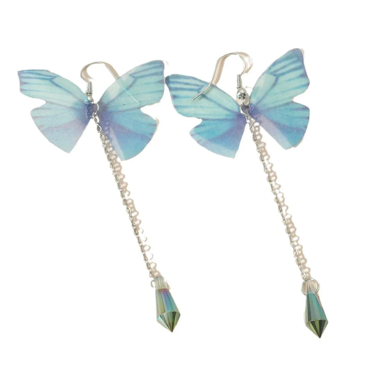 Blue Butterfly Crystal Tassel Earrings