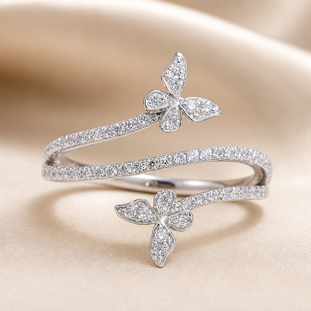 Ring with Butterflies and Set Zircon Stones in White Gold