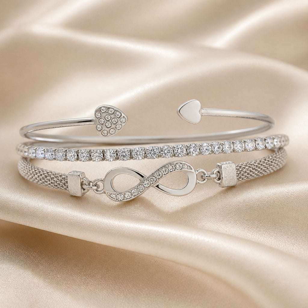Collection of White Gold Rhinestone Bracelets with Infinity Motif