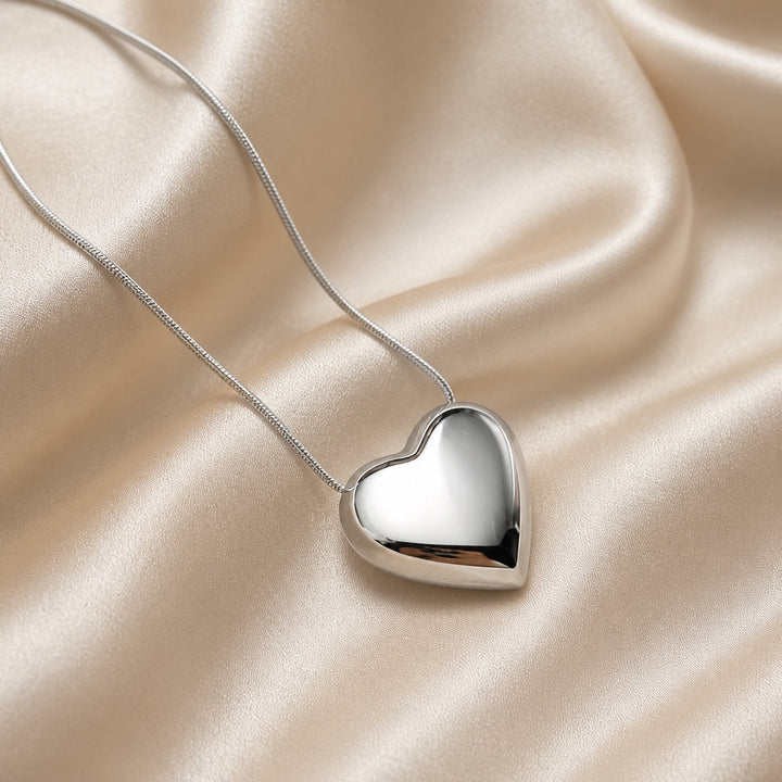 Elegant White Gold Puff Heart Pendant Necklace