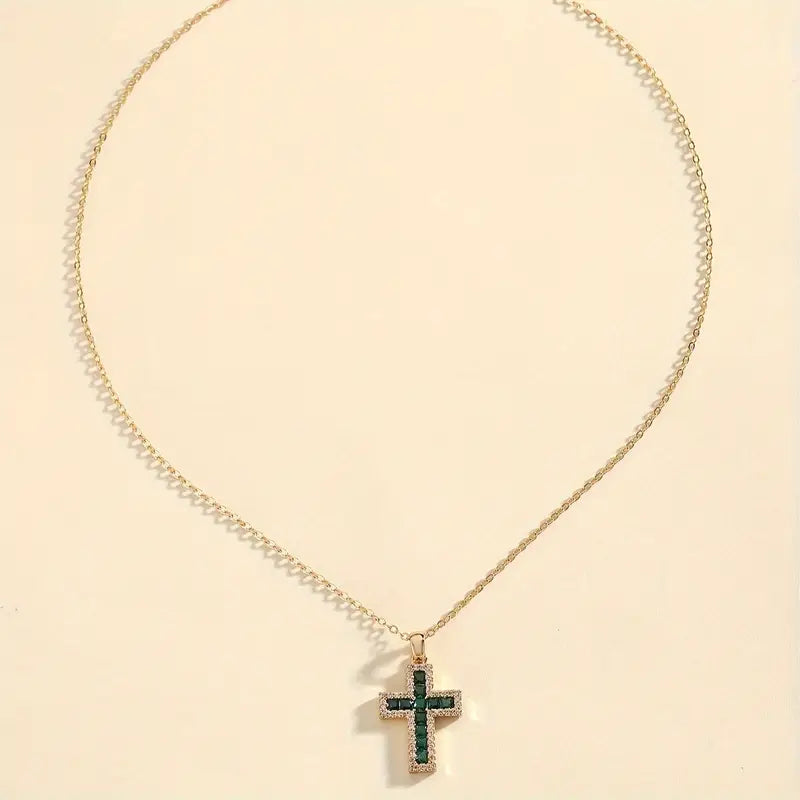 Gold-Coloured Necklace with Green Sacred Stone Cross