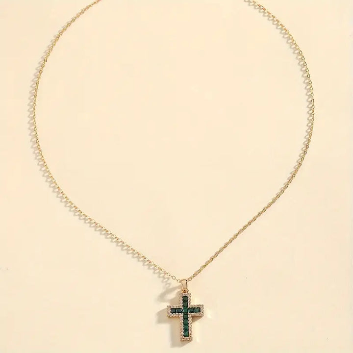 Gold-Coloured Necklace with Green Sacred Stone Cross