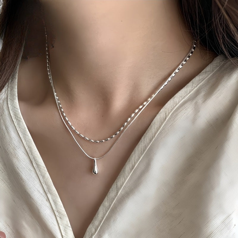 Double-Layer White Gold Necklace with Teardrop Pendant