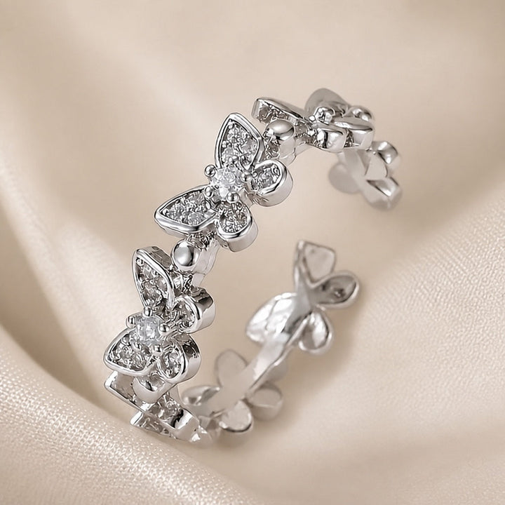 White Gold Butterfly-Shaped Ring with Crystals